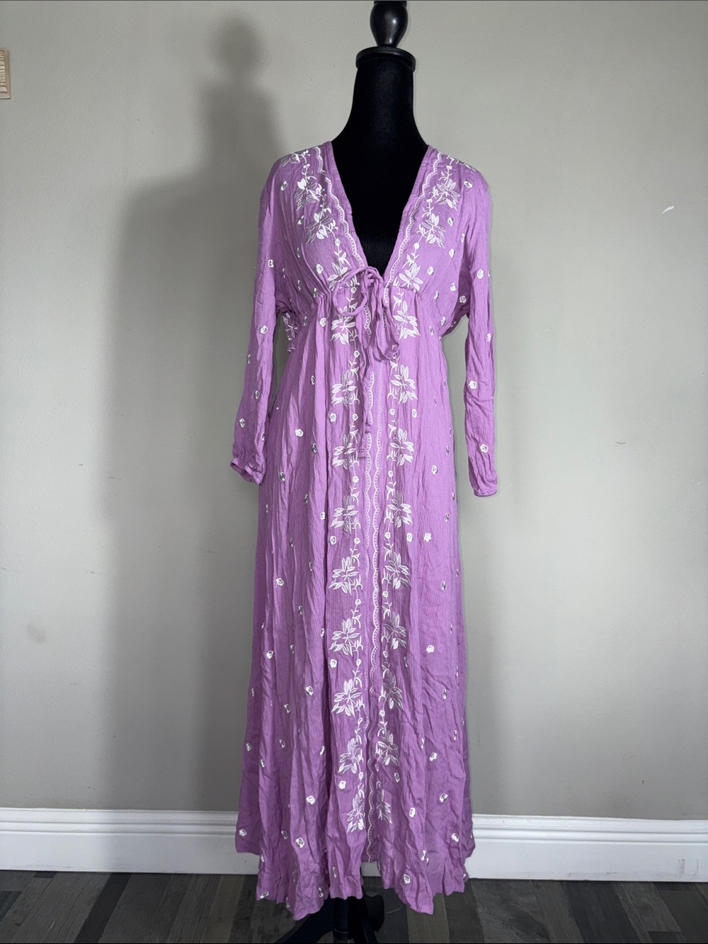Lavender Embroidered Maxi Dress with Tie Front